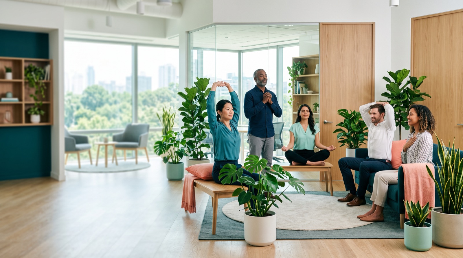 Coworkers taking a guided movement break