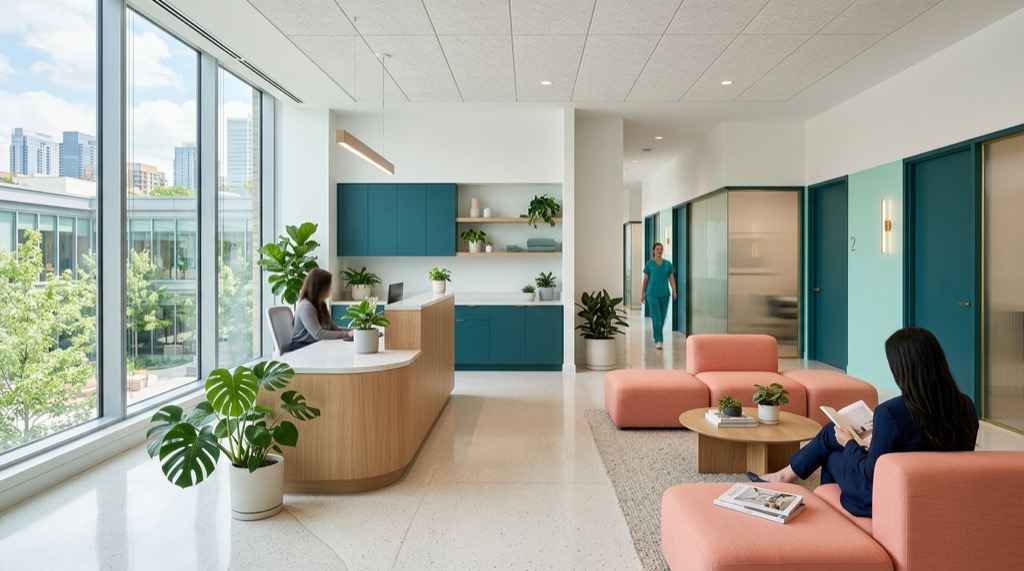 A calm, modern on-site workplace wellness clinic with clinical-teal accents