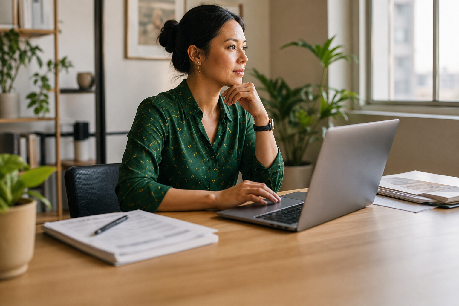 A benefits leader reviewing workplace wellbeing options at her desk